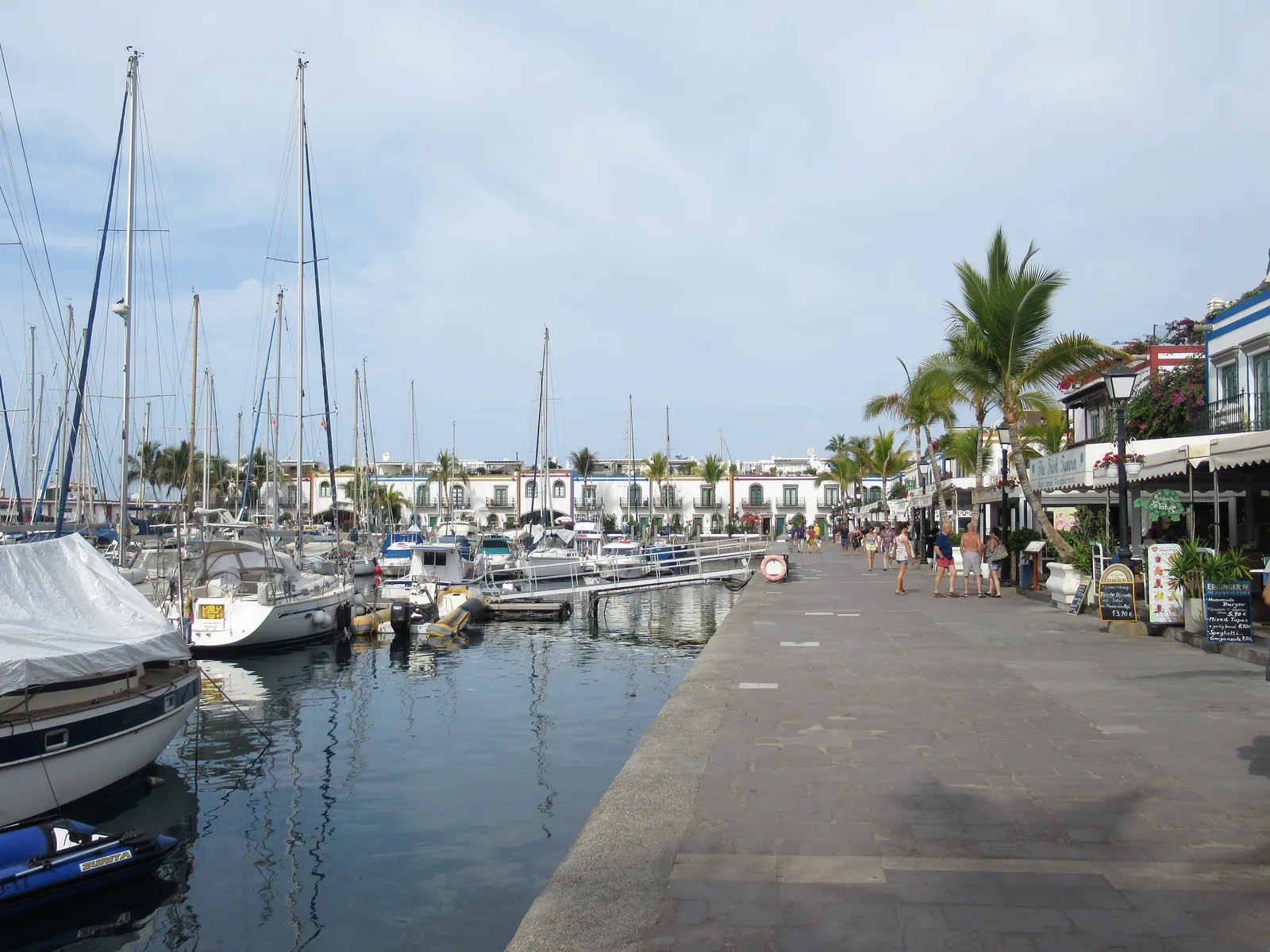 Yachts moored along the quay in Puerto de Mogán, with white harbourside houses and a palm-lined promenade