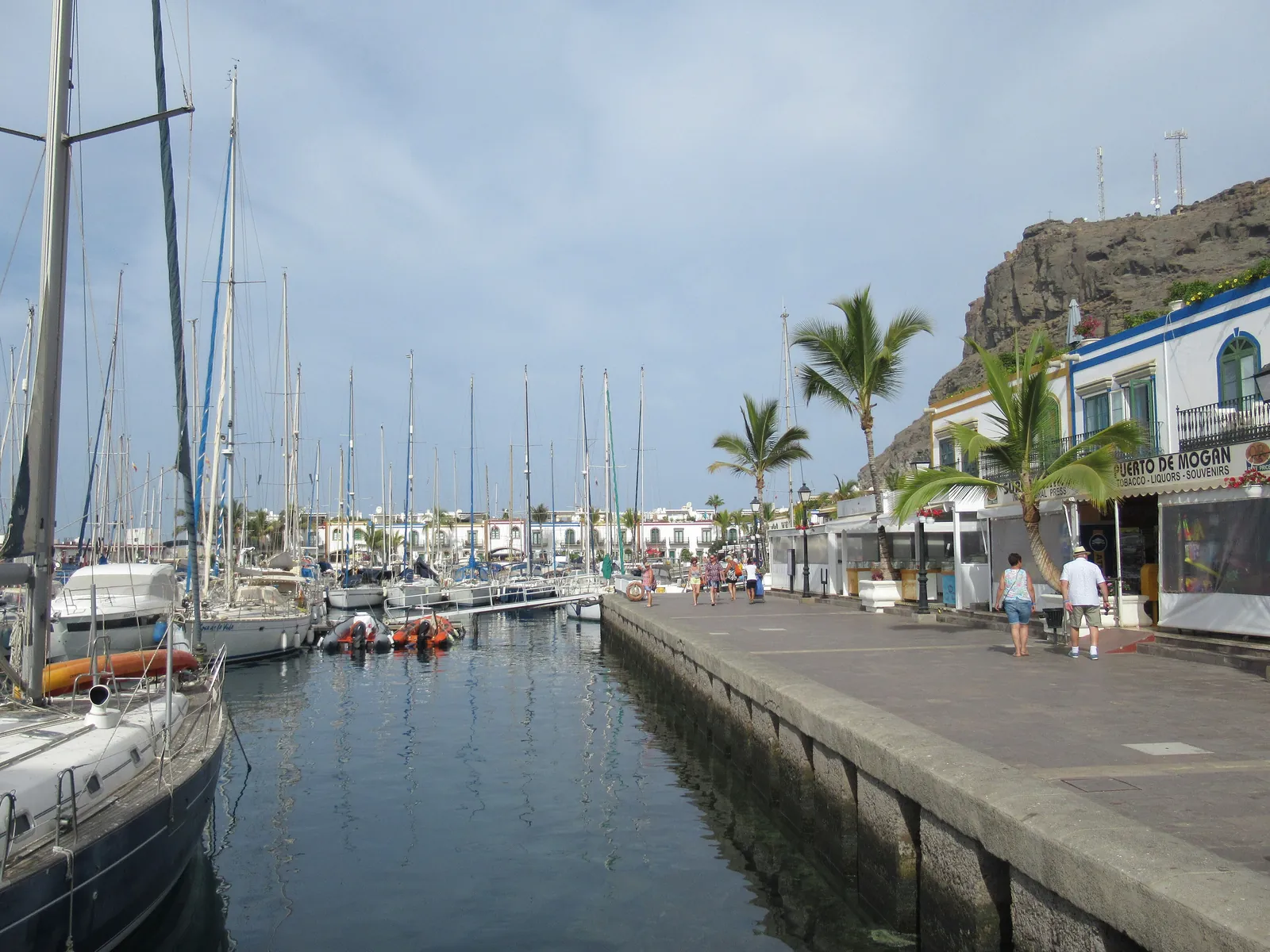 Harbour promenade at Puerto de Mogán with moored yachts and palm trees beside white buildings